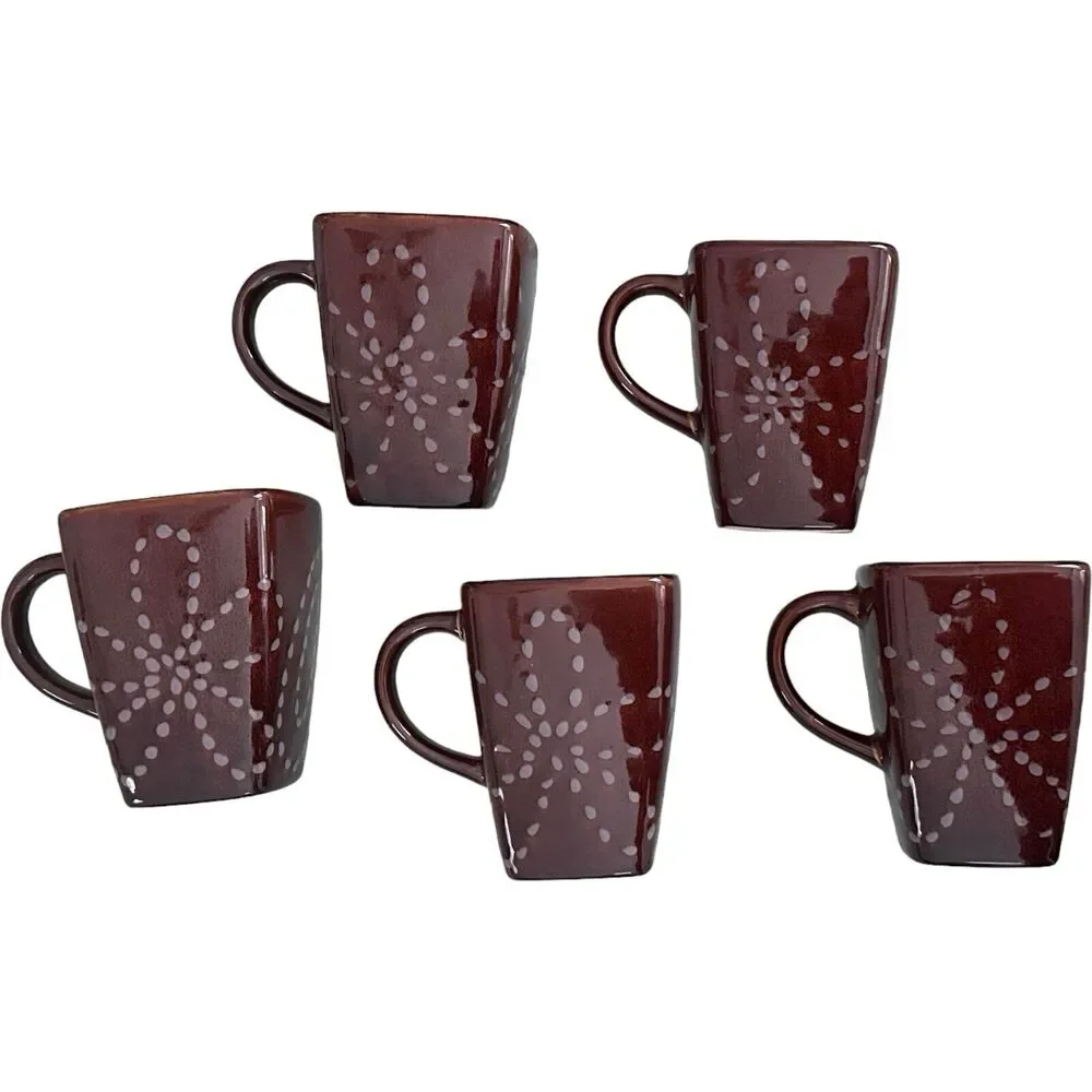 Pier 1 One Koshi Hana Stoneware Brown Coffee Mugs Set Of 5